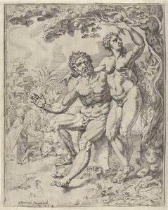 Adão e Eva colhem o fruto proibido Queda e redenção da humanidade através da vida e paixão de Cristo (título da série) de Dirck Volckertsz. Coornhert (attributed to)