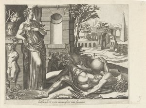 A Fortuna não favorece aqueles que adormecem; a paciência como o Victor da Fortuna
A paciência supera a fortuna
Liidsaemheiit es a verwinstert of fortunne (título sobre o objecto)
Provérbios sobre a Fortuna (título da série) de Dirck Volckertsz. Coornhert (attributed to)