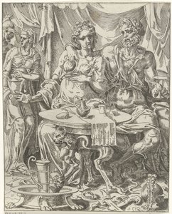 Judit e Holofernes desfrutam de um banquete
Judith e Holofernes (título da série) de Dirck Volckertsz. Coornhert (attributed to)