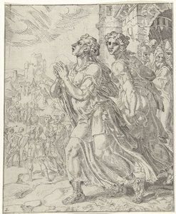 Judith e a sua criada deixam Bethulia
Judith e Holofernes (título da série) de Dirck Volckertsz. Coornhert (attributed to)