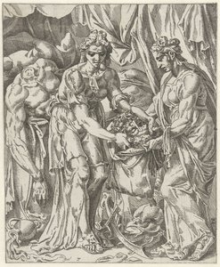Judit coloca a cabeça de Holofernes em um saco Judit e Holofernes (título da série) de Dirck Volckertsz. Coornhert (attributed to)