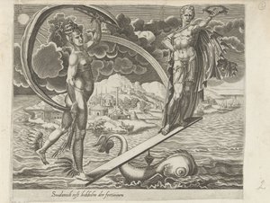 A Inconsistência da Fortuna; É fácil dançar quando a sorte joga para você Assim a felicidade é instável Soodanich primeira colisão de fortunas (título no objeto) Provérbios sobre Fortuna (título da série) de Dirck Volckertsz. Coornhert (attributed to)
