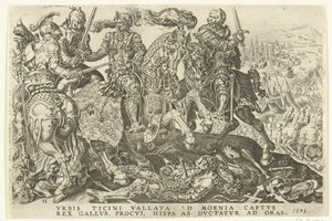 Captura de Francisco I na Batalha de Pavia, 1525 Vitórias de Carlos V (título da série) Divi Caroli. v. imp. optar. max. victoriae, ex multis praecipuae (título da série) de Dirck Volckertsz. Coornhert (possibly)