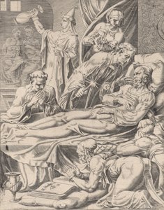 O homem rico em seu leito de morte, da parábola de Lázaro e o homem rico, placa 2, 1551.
