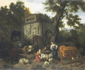 Paisagem com pastores e gado perto de um túmulo de Dirck van Bergen