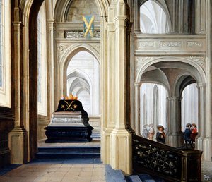 Um interior de igreja com uma túmulo real de Dirck van Delen