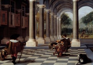 Skitel Players Jogo de boliche no chão de um tabuleiro de xadrez. Detalhe. Pintura por Dirck Van Delen (1605-1671)