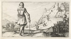 Homem em gambeson em uma paisagem de montanha Trajes femininos e masculinos holandeses, 1622 (título da série) de Dirk Eversen Lons