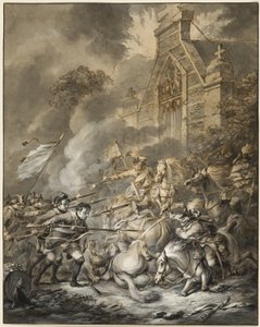 Uma escaramuça entre os oficiais de cavalaria e os soldados de infantaria com baionetas de Dirk Langendijk