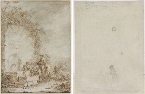 Frontispício para um álbum de desenhos: Camponeses em uma Fonte (reto) Esboço de Camponeses em uma Fonte (verso) de Dirk Langendijk