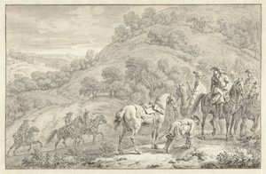 Paisagem de montanha com um cavaleiro desmontado e outros caçadores a cavalo