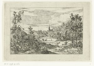 Paisagem dunar e vista das casas e da igreja de Scheveningen de Dirk Vis Blokhuyzen