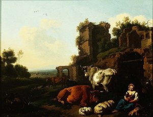 Paisagem com Shepherdess, c.1670 (óleo sobre painel) de Dirk van Berghen
