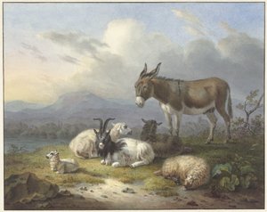 Paisagem com burro, cabra e ovelha de Dirk van Oosterhoudt