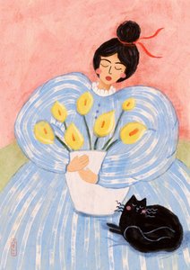 Mulher com flores e um gato