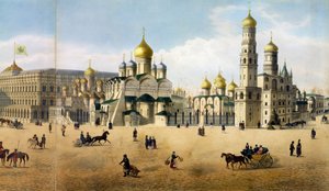 Catedrais da Anunciação e do Arcanjo, a partir de um panorama de Moscou, gravado por Philippe Benoist 1813-c.1905 e Aubrun, pub. por Lemercier litho detalhe de 105099 de Dmitri Indieitzeff