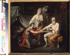 Queda da República de Novgorod na Rússia (século XV): Theodosy Boretsky dá a espada de Ramir a Miroslav, líder dos Novgoradianos e marido escolhido por Marfa Boretskaia (ou Marfa a Presidente da Câmara) para a sua filha Xenia (Theodosy Boretsky dá a espada de Dmitri Ivanovich Ivanov