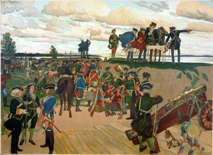 Fundação da Fortaleza de São Petersburgo por Pedro o Grande (1672-1725) no século XVIII. (Fundação da Fortaleza de São Petersburgo). Trabalho de Dmitri Nikolayevich Kardovsky (Kardovski) (1866-1943), litografia