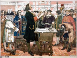 Apresentação de Noviços. O Czar Pedro I O Grande (1672-1725) recebe e identifica os novos cortesãos e jovens aristocratas da Rússia. Atrás do czar, usando um fato azul e o seu chapéu debaixo do braço, com a cara de um