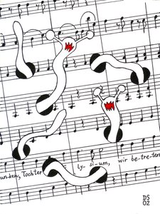 Festa da Alegria - desenho de uma partitura musical com vermes a comerem a página de Dmitri Smirnov