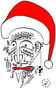 Pai Natal musical - a cabeça do Pai Natal desenhada com notação musical e com um chapéu vermelho