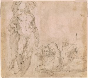Beccafumi - Verso Nu masculino encostado a um tronco de árvore e nu masculino reclinado com a cabeça virada para trás, ca. 1530-1540 de Domenico Beccafumi