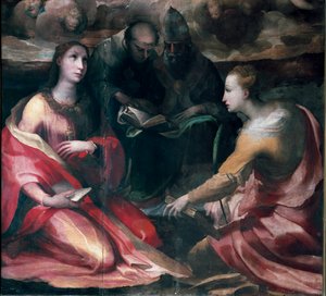 Cristo coroando a Virgem Maria e os Quatro Santos, detalhe: Santa Maria Madalena, Santo António de Pádua (san antonio di padova), Papa S. Gregoire I ou A Grande e Santa Catarina de Alexandria. Pintura de Domenico Beccafumi (1486-1551) de Domenico Beccafumi