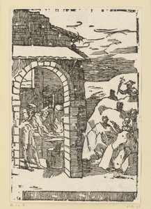 O Chamado dos Metais. Hefesto (Vulcano) e um erudito encontram-se junto à forja, enquanto lá fora, nas rochas, se escondem os deuses (como representantes dos metais): Saturno (chumbo), Júpiter (estanho), Vénus (cobre), Lua (prata), Mercúrio (mercúrio) de Domenico Beccafumi