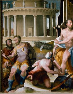 Friesland: o sacrifício de Codros, rei de Atenas, detalhe. Mitologia grega: Codros (ou Codrus) aprendendo de um oráculo que a vantagem da guerra entre os Dorianos e os Atenienses pertenceria àqueles cujo líder seria morto, voluntariamente devorado. de Domenico Beccafumi