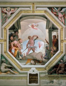 A decapitação de Spurius Cassius Vecellinus ou Viscellinus executada pelo seu pai por considerar tornar-se rei em 485 AC Fresco por Domenico di Giacomo di Pace dit Beccafumi (1486-1551) 1529-1535 Siena (Siena), Palazzo pubblico de Domenico Beccafumi