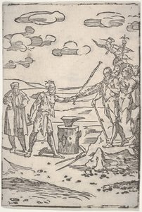 O falsificador de pé junto a uma bigorna puxando um homem acorrentado, da série The var ..., ca. 1540-1550. de Domenico di Pace Beccafumi  