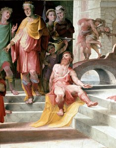 O sacrifício de Seleucos de Locres (Seleucus de Locride) Seleucos para cegar seu filho, a fim de puni-lo por um estupro que cometeu, prefere morrer com um dos olhos. Fresco por Domenico di Giacomo di Pace dit Beccafumi (1486-1551). Detalhe. 1529-1535 Si de Domenico Beccafumi