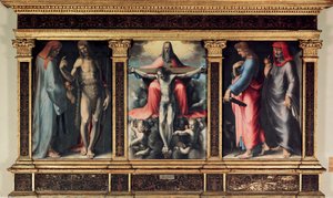 Tríptico da Santíssima Trindade: São Cosimo (Vem ou Cosimo), São João Baptista, a Trindade, São João Evangelista e São Damien. Inserção "INRI" na cruz. Pintura de Domenico Beccafumi (1486-1551) de Domenico Beccafumi