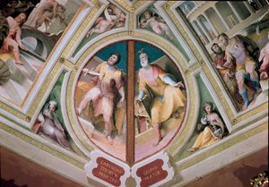 o legislador grego Charondas (século VII a.C.) afundando uma espada no peito e "O pretor romano Celius" Fresco de Domenico Beccafumi (1486-1551) de Domenico Beccafumi