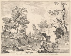 Paisagem com pastora e rebanho em um bebedouro de Domenico Bernardo Zilotti