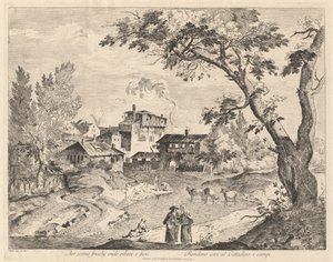 Aldeia rústica ao longo de um rio com viajantes de Domenico Bernardo Zilotti