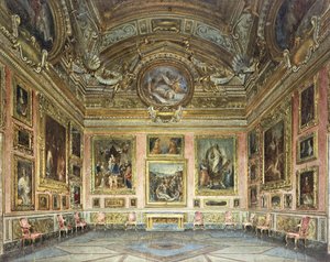 Interiores do Palazzo Pitti, Florença: Sala di Saturno com Perugino "s" Lamentation "ladeado por pinturas de Fra Bartolommeo e Rafael, 1871 de Domenico Caligo
