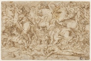Cena de batalha com cavalos e homens de Domenico Campagnola