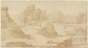 Paisagem figurativa, à direita, um rio com uma ponte perto de Mühlen, na frente de duas figuras sentadas de Domenico Campagnola