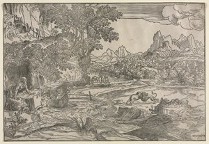 Paisagem com São Jerônimo e dois leões de Domenico Campagnola