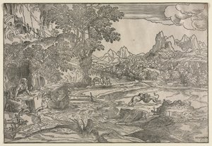 Paisagem com São Jerônimo e Dois Leões, c. 1530-35. de Domenico Campagnola