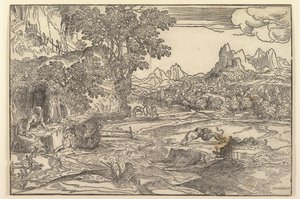 Paisagem com São Jerônimo à esquerda, olhando para o leão e urso lutando no centro ..., ca. 1530-35. de Domenico Campagnola