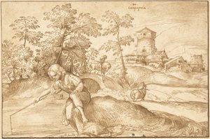 Paisagem com um menino pescando de Domenico Campagnola