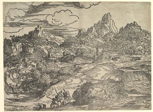 Paisagem com a família caminhando juntos em primeiro plano, à esquerda duas figuras com ..., ca. 1535-40. de Domenico Campagnola