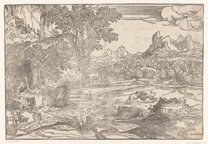 Paisagem com Hieronymus e dois leões de Domenico Campagnola