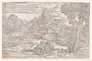 Paisagem com casal a segurar um hurdy-gurdy de Domenico Campagnola