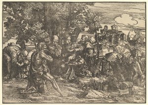 Maria sentada sob as árvores com o bebê, ladeada por José à esquerda e São Jerônimo à direita, São..., 1517. de Domenico Campagnola