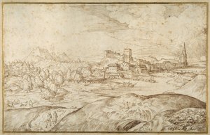 Paisagem montanhosa com um rio, e uma cidade fortificada com uma torre espiada (caneta e tinta castanha sobre papel branco) de Domenico Campagnola