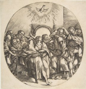 O Espírito Santo como um pássaro descendo com as asas abertas no centro superior, os doze Apóstolos ..., 1518.