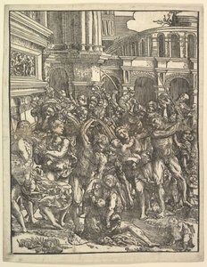 O Massacre dos Inocentes Lado direito com um grupo de figuras masculinas atacando mulheres e ..., 1517. de Domenico Campagnola